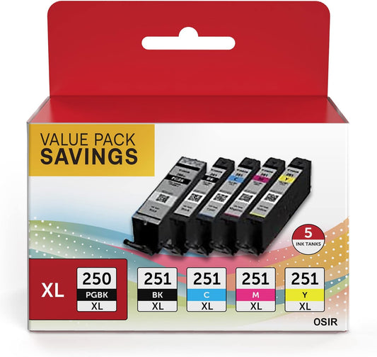 PGI-250XL CLI-251XL 5 Color Value Pack, Compatible for Canon (PGBK, Black, Cyan, Magenta, Yellow)
