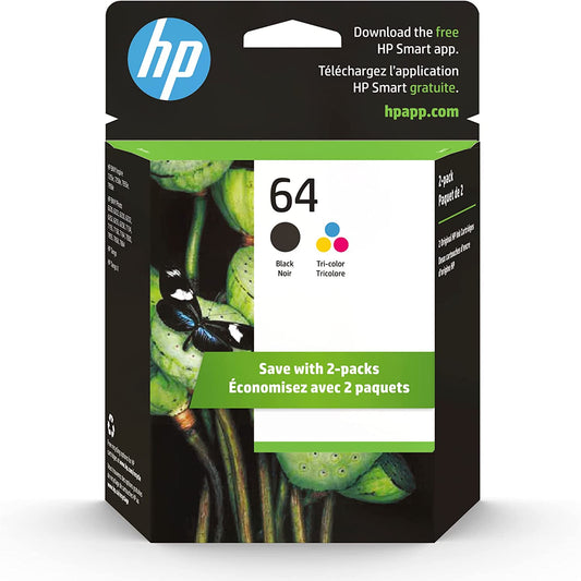 64 Black/Tri-Color Ink Cartridges for HP (2-Pack)